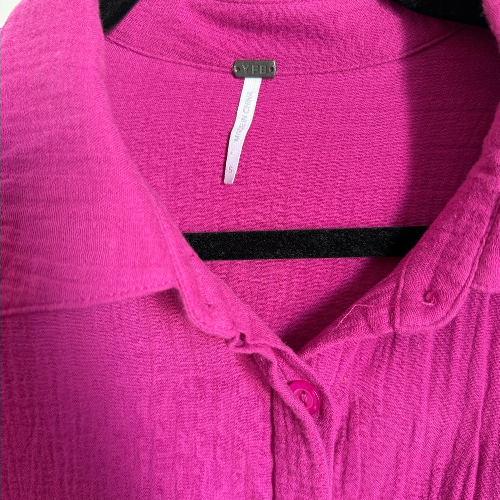 YPB Vibrant Pink Button-Up Shirt perfect as a beach cover up. Gauze soft fabric. - Picture 2 of 3